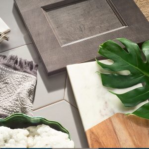YorkGrey-2 a grey Wolf Classic cabinet door with a monstera leaf on it